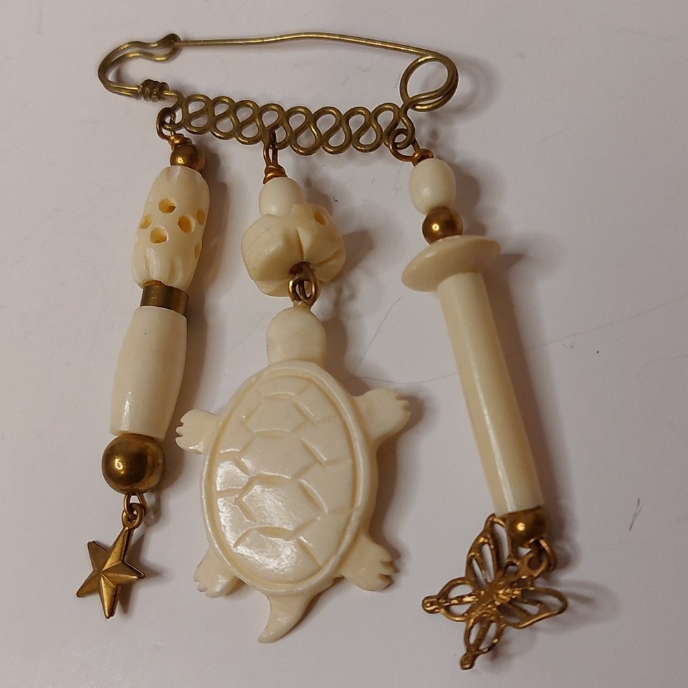 Vintage Carved Bone and Brass Dangling Charms Brooch Pin - Picture 2 of 6